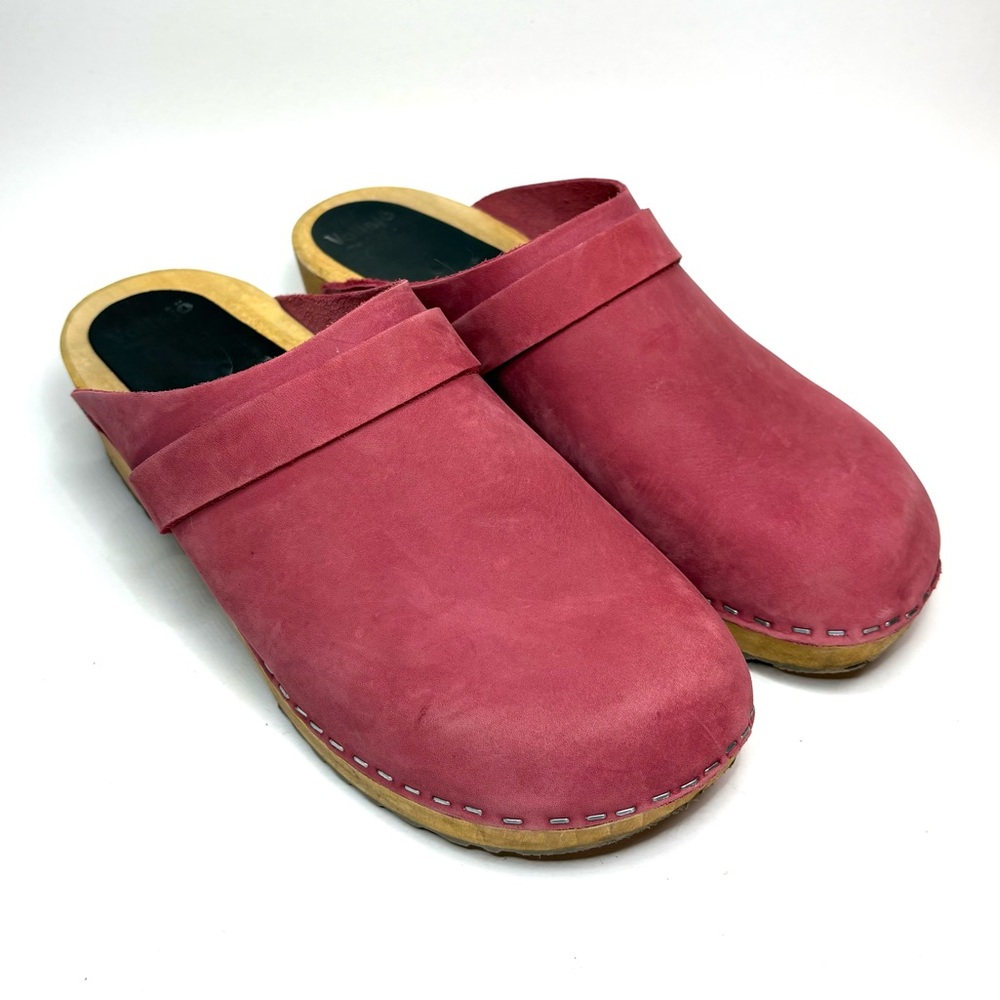Women's Pink Suede Wooden Clog Mules - Picture 8 of 8